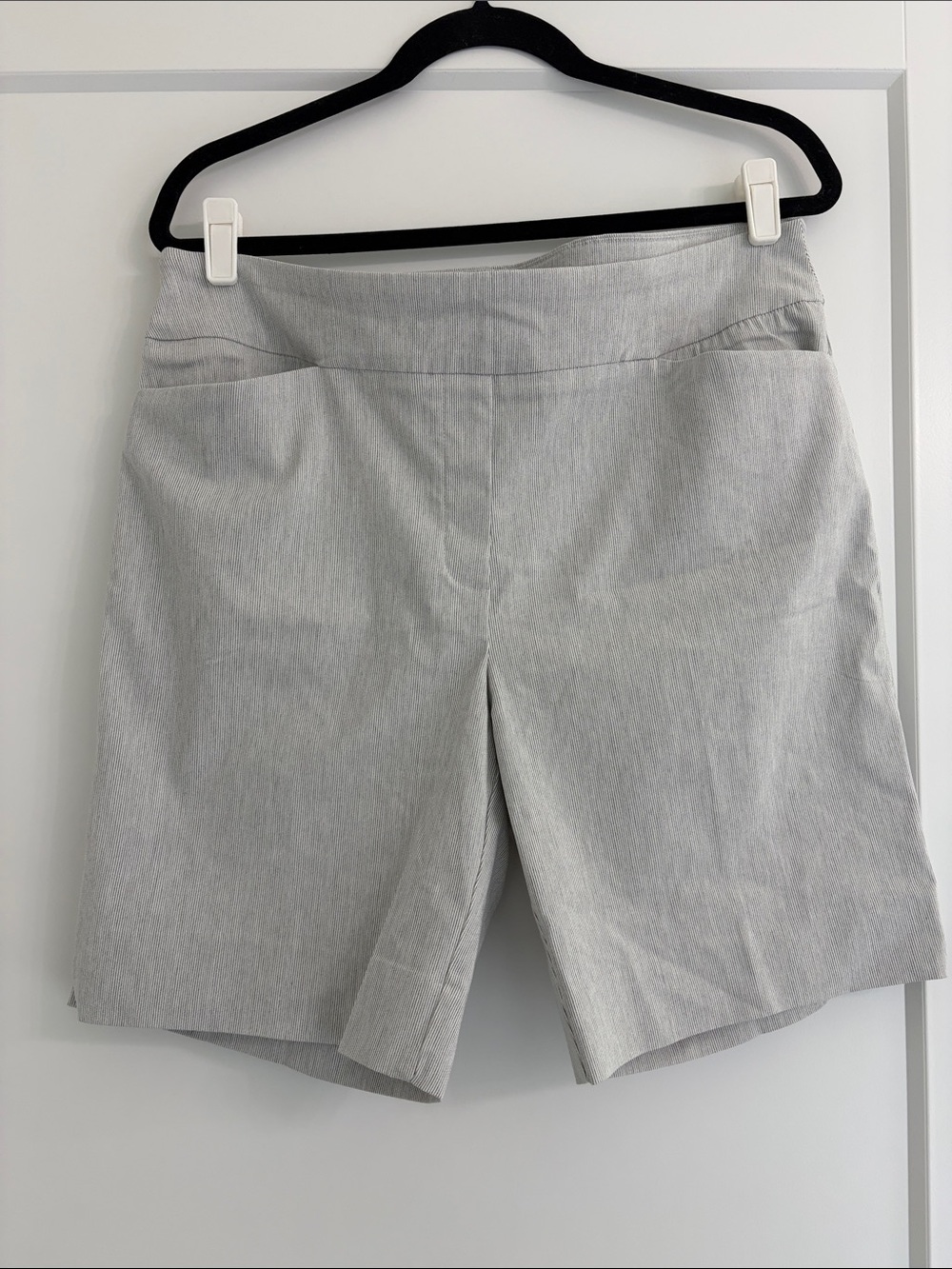 Hilary Radley Light Gray Pinstripe Tailored Bermuda Shorts